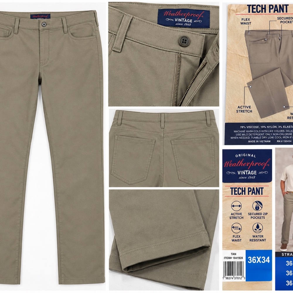 Weatherproof Tech Pant - Tan Men's Stretch Pants 36 x34